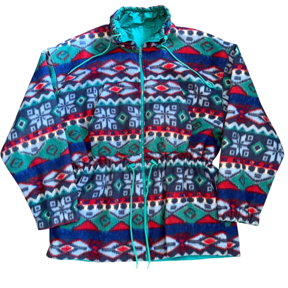 80s British Mist Reversible Jacket Aztec Fleece Teal Windbreaker Womens L Retro